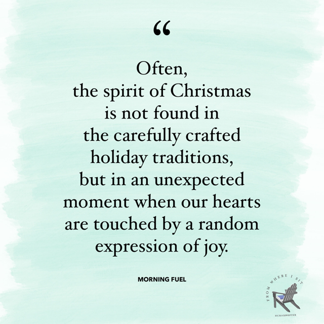 Often, the spirit of Christmas is not found in the carefully crafted holiday traditions, but in an unexpected moment when our hearts are touched by a random expression of joy.