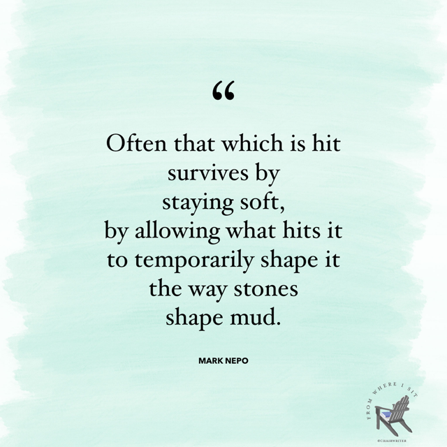 Often that which is hit survives by staying soft, by allowing what hits it to temporarily shape it the way stones shape mud. — Mark Nepo
